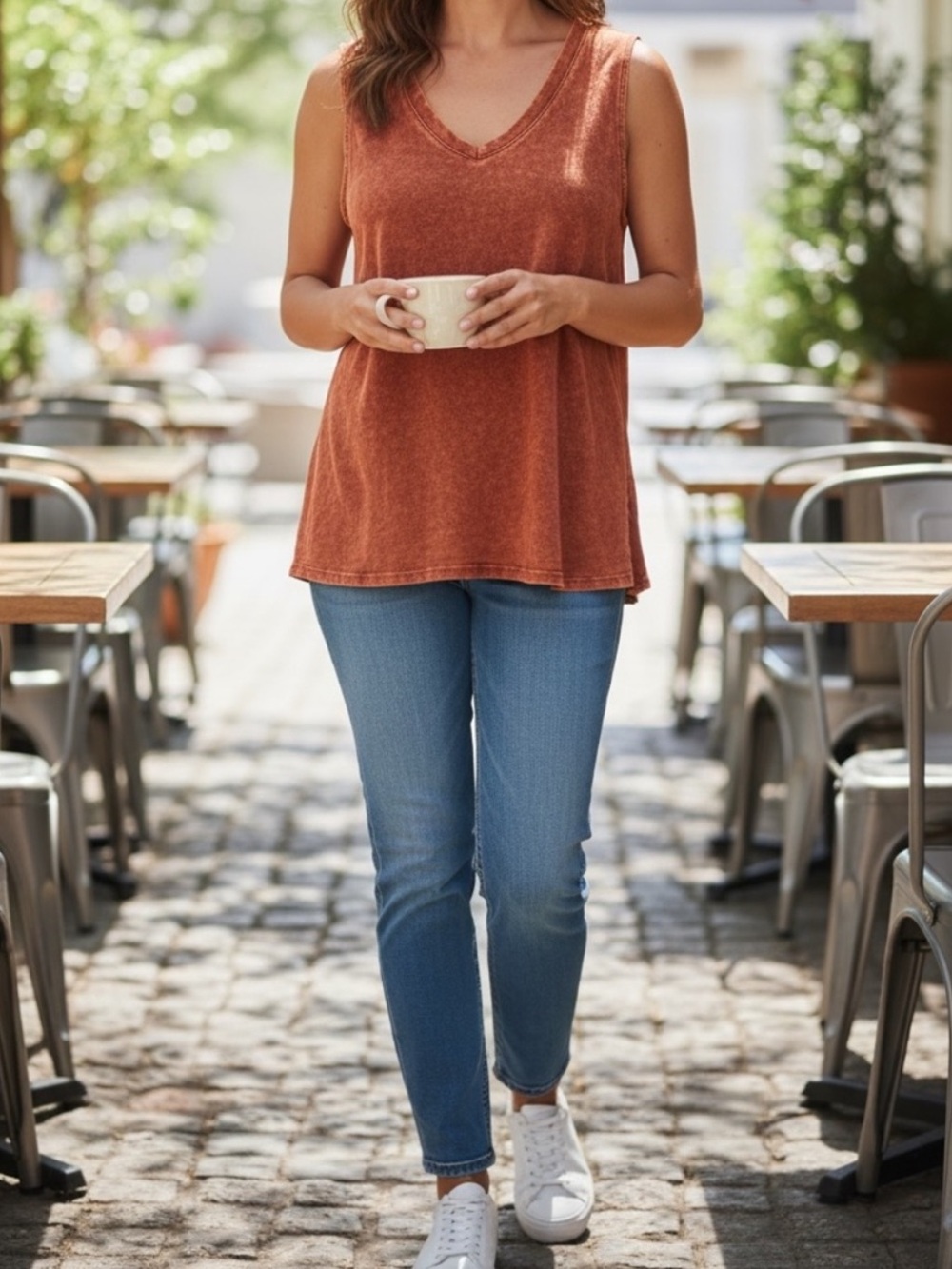 Zenana Outfitters Washed Rust V-Neck Sleeveless Tank